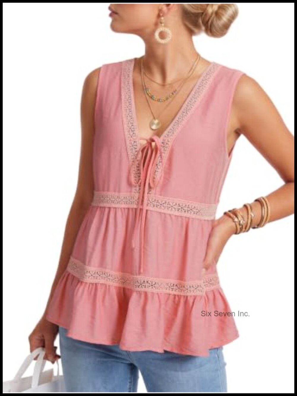 Women's Boho Peplum Tank Top Deep V Neck Tie Front Ruffle Cami